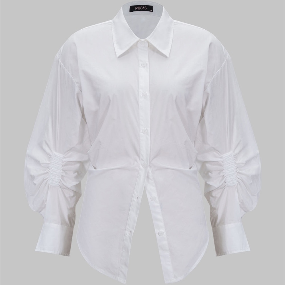 Micas White Ruched Sleeve Women's Top